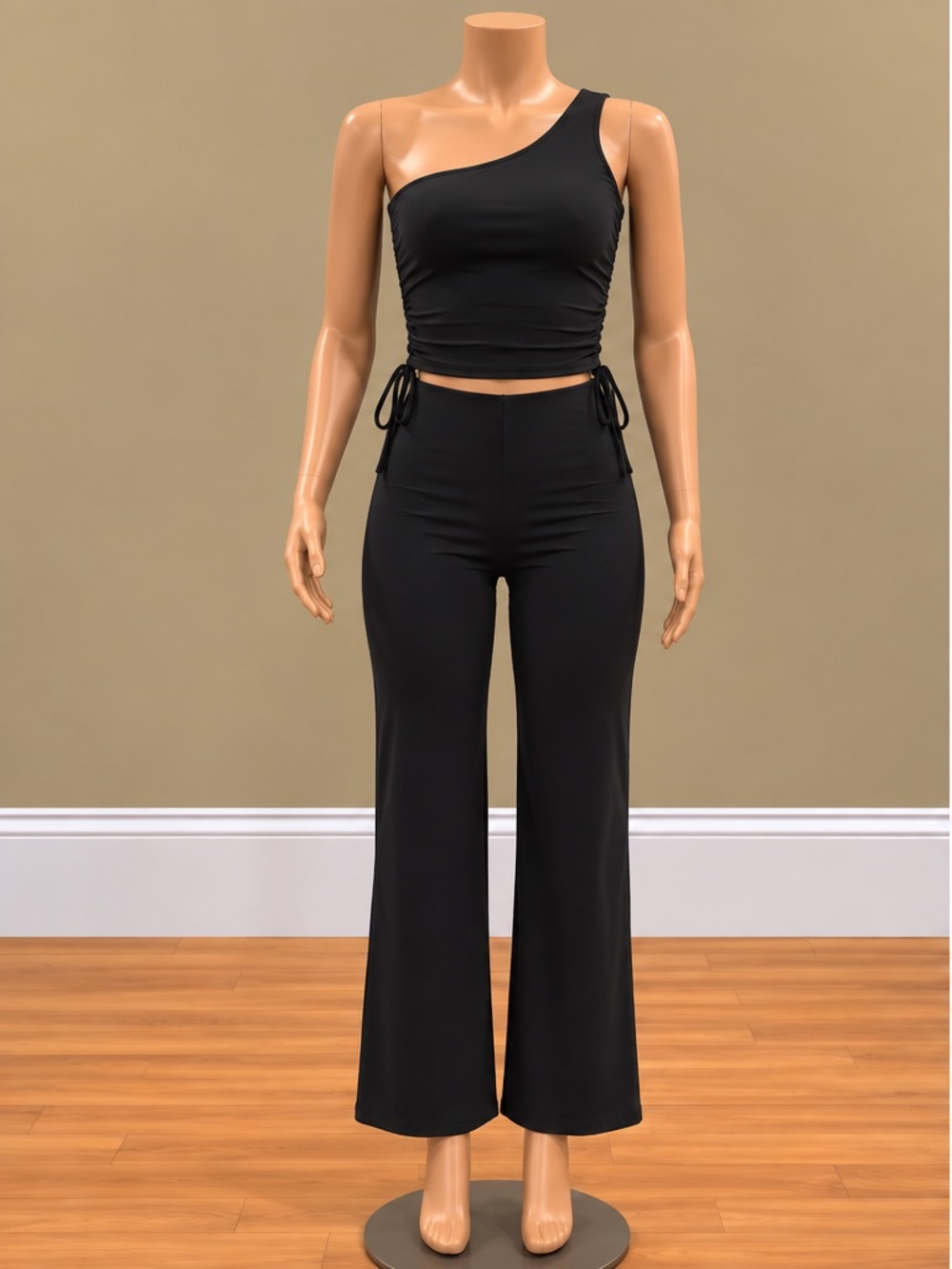 Sugar Popped Black One Shoulder Ruched Crop Top Flare Pants Set Small NWT